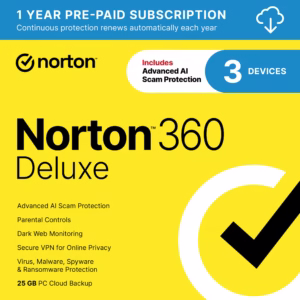 Norton 360 Deluxe, Antivirus Software for 3 Devices, 1 Year Subscription, PC/Mac/iOS/Android